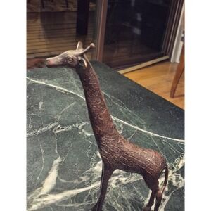 10"‎ Vintage Cast Brass Giraffe Figurine Safari Animal Statue Dark Patina etched